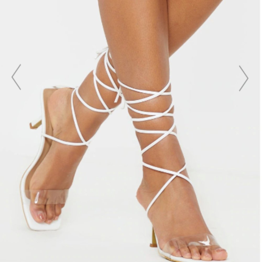 BRAND NEW PrettyLittleThing White Low Heel Clear Strap Ankle Tie Sandal - UK 6